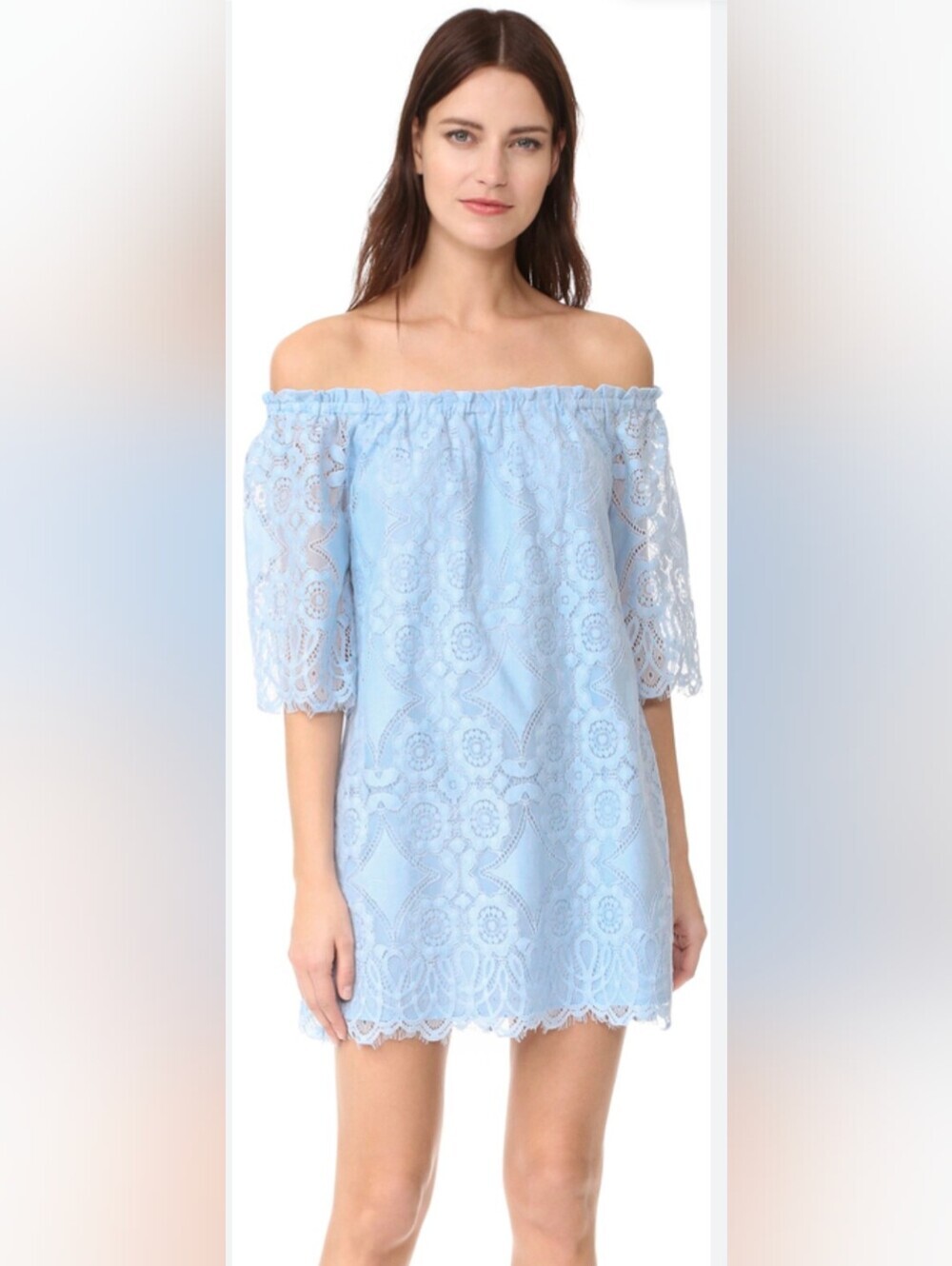BB Dakota Light Blue Off Shoulder Lace Shift Dress